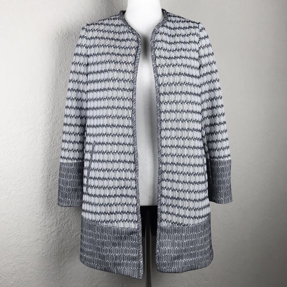 H&M Jackets & Blazers - H&M Open Front Long Line Textured Stripes Blazer Jacket Coat Black White Tweed
